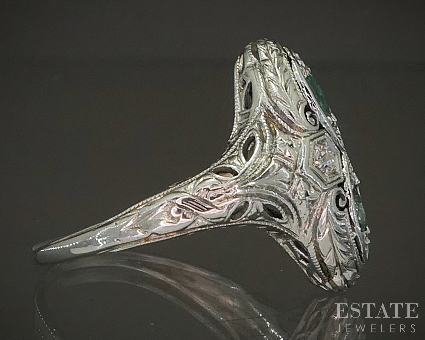 Antique Art Deco Platinum Natural Emerald & Diamond Filigree Ring 2.9g p20824