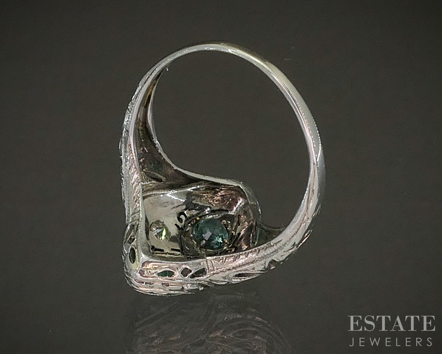 Antique Art Deco Platinum Natural Emerald & Diamond Filigree Ring 2.9g p20824