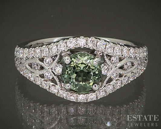 18k White Gold Round .72ct Natural Green Tourmaline & Diamond Ring 4g p24342