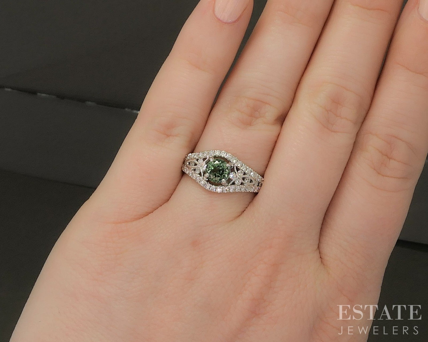 18k White Gold Round .72ct Natural Green Tourmaline & Diamond Ring 4g p24342
