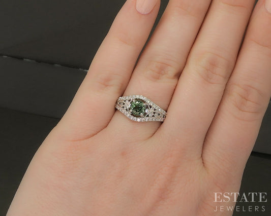 18k White Gold Round .72ct Natural Green Tourmaline & Diamond Ring 4g p24342