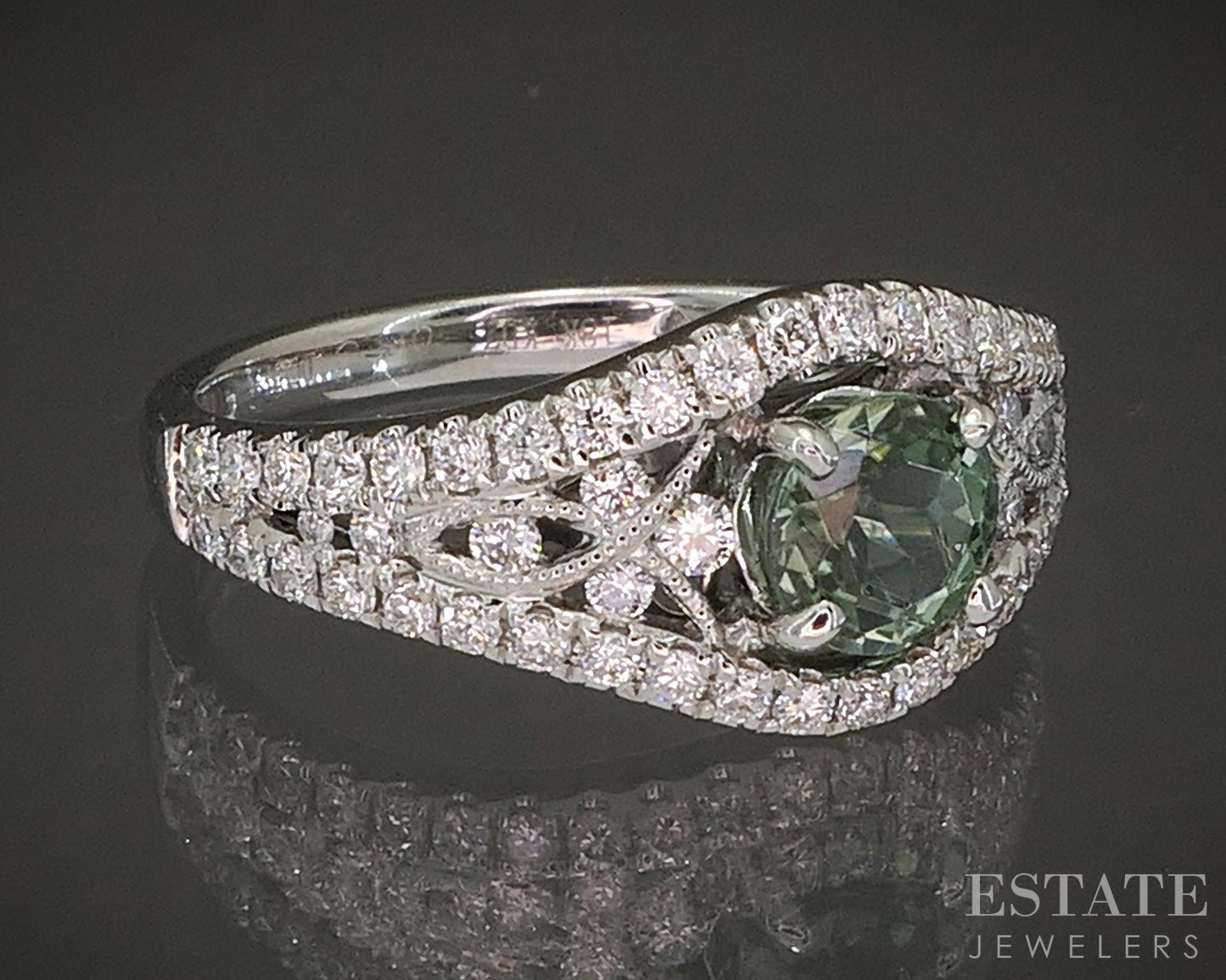 18k White Gold Round .72ct Natural Green Tourmaline & Diamond Ring 4g p24342