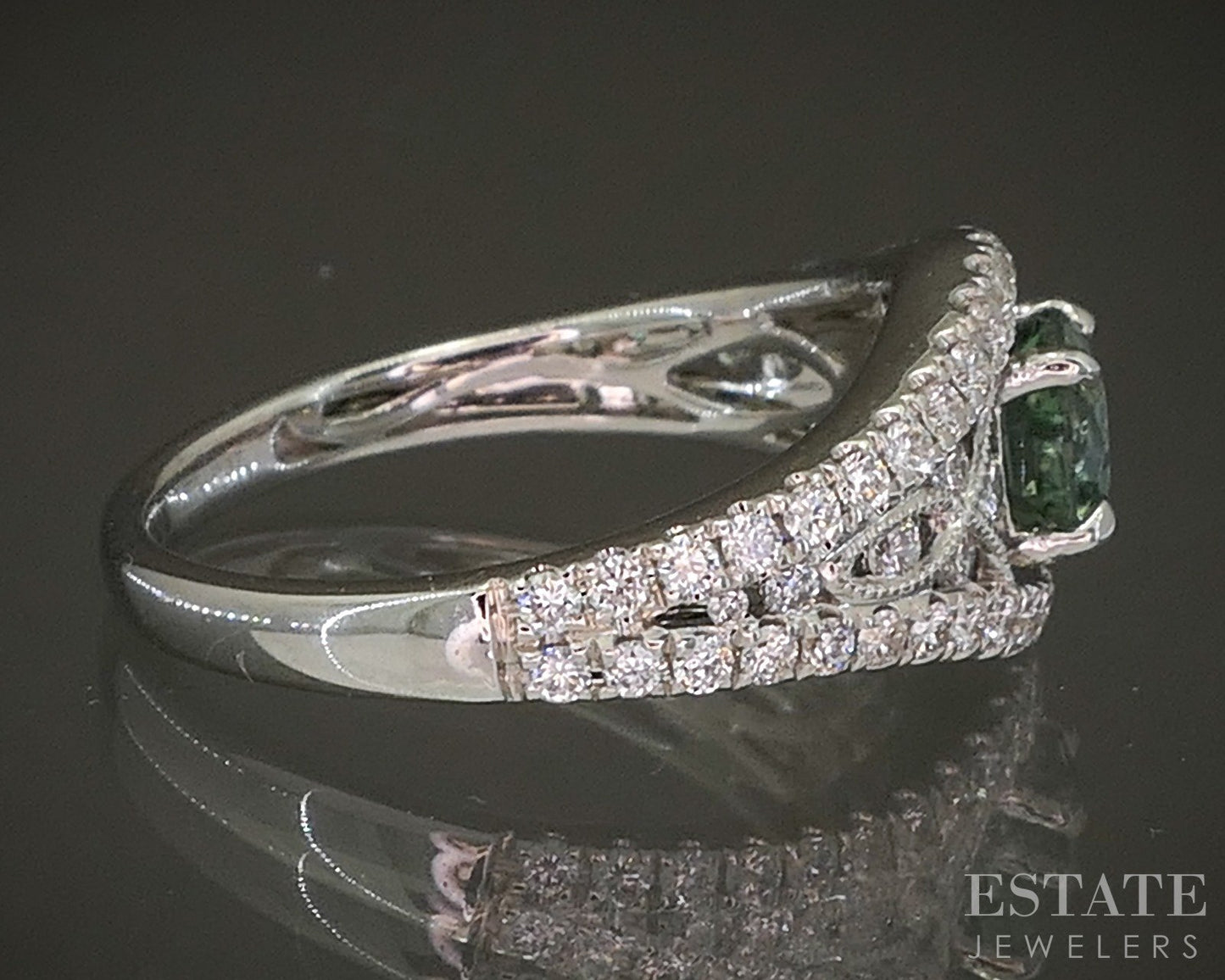 18k White Gold Round .72ct Natural Green Tourmaline & Diamond Ring 4g p24342