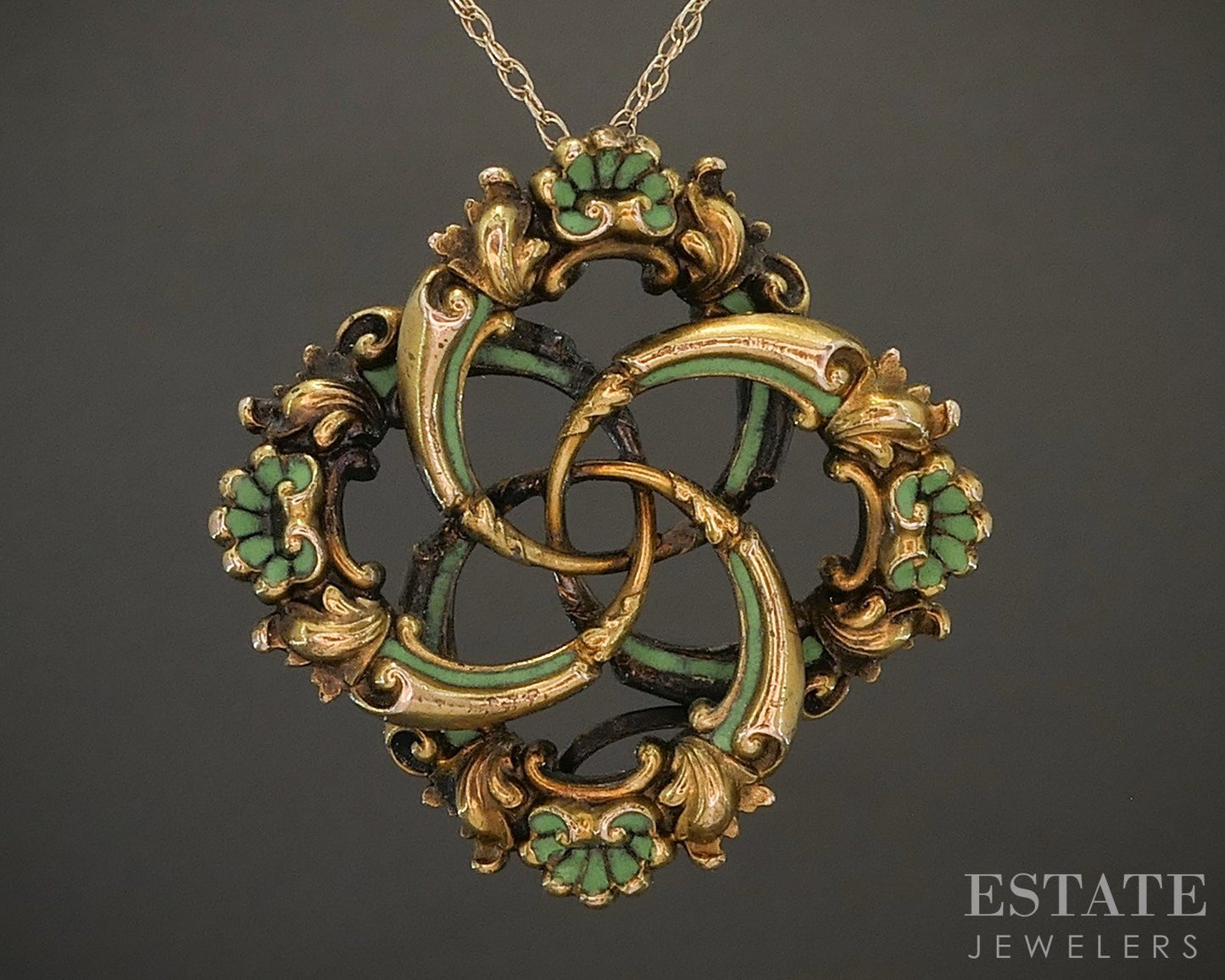 Vintage 14k Yellow Gold Green Enameled Pendant Ladies Necklace 3.1g p17835