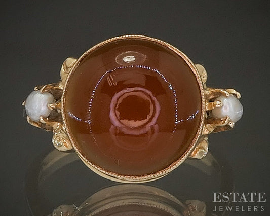 Antique Victorian 14k Yellow Gold Carnelian & Seed Pearl Ring 4.5g p62205