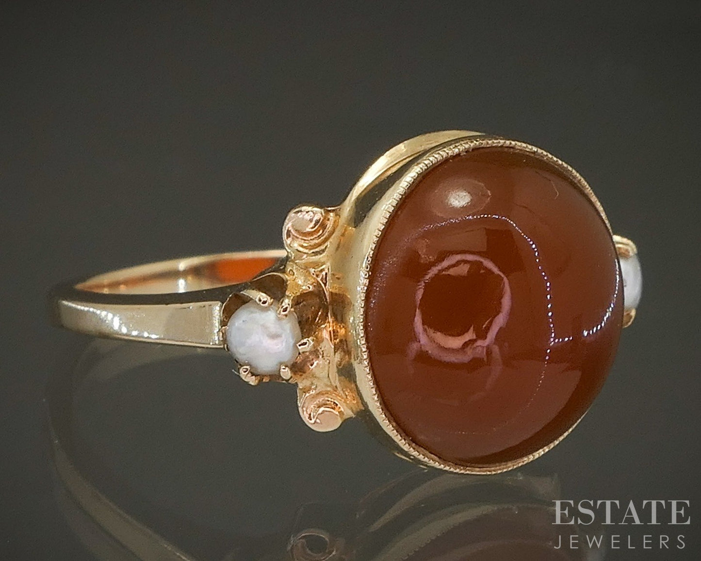 Antique Victorian 14k Yellow Gold Carnelian & Seed Pearl Ring 4.5g p62205