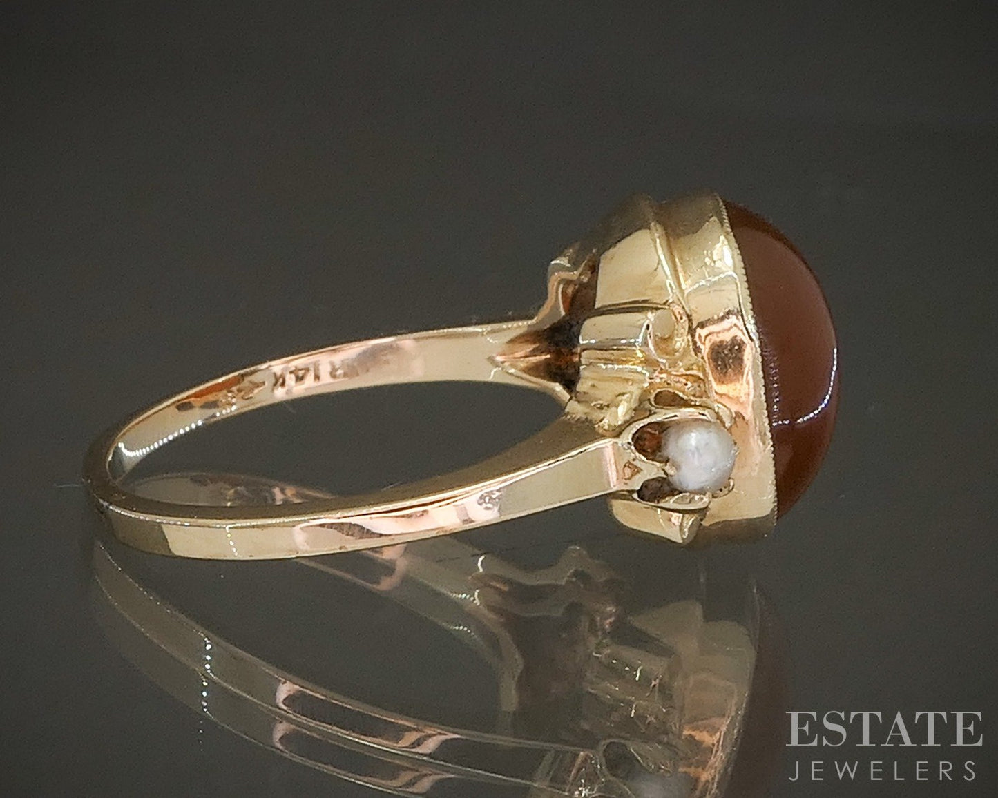 Antique Victorian 14k Yellow Gold Carnelian & Seed Pearl Ring 4.5g p62205