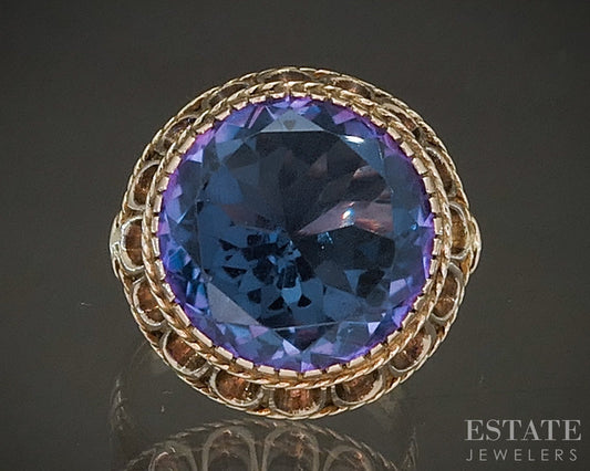Antique 14k Yellow Gold 15mm Color Changing Sapphire Solitaire Ring 9g p59184