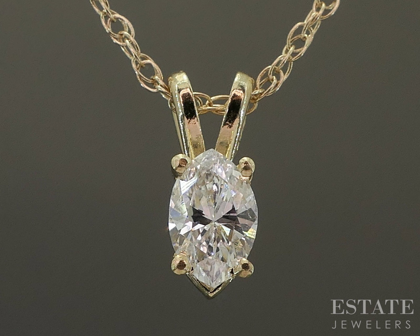 14k Yellow Gold Marquise .18ct Diamond Solitaire Necklace 1.2g 18"L p23325