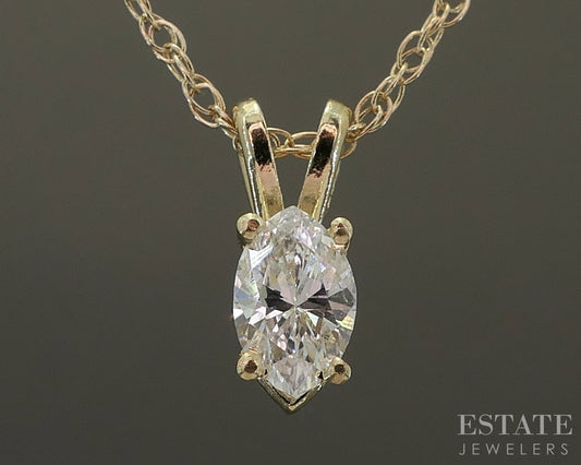14k Yellow Gold Marquise .18ct Diamond Solitaire Necklace 1.2g 18"L p23325