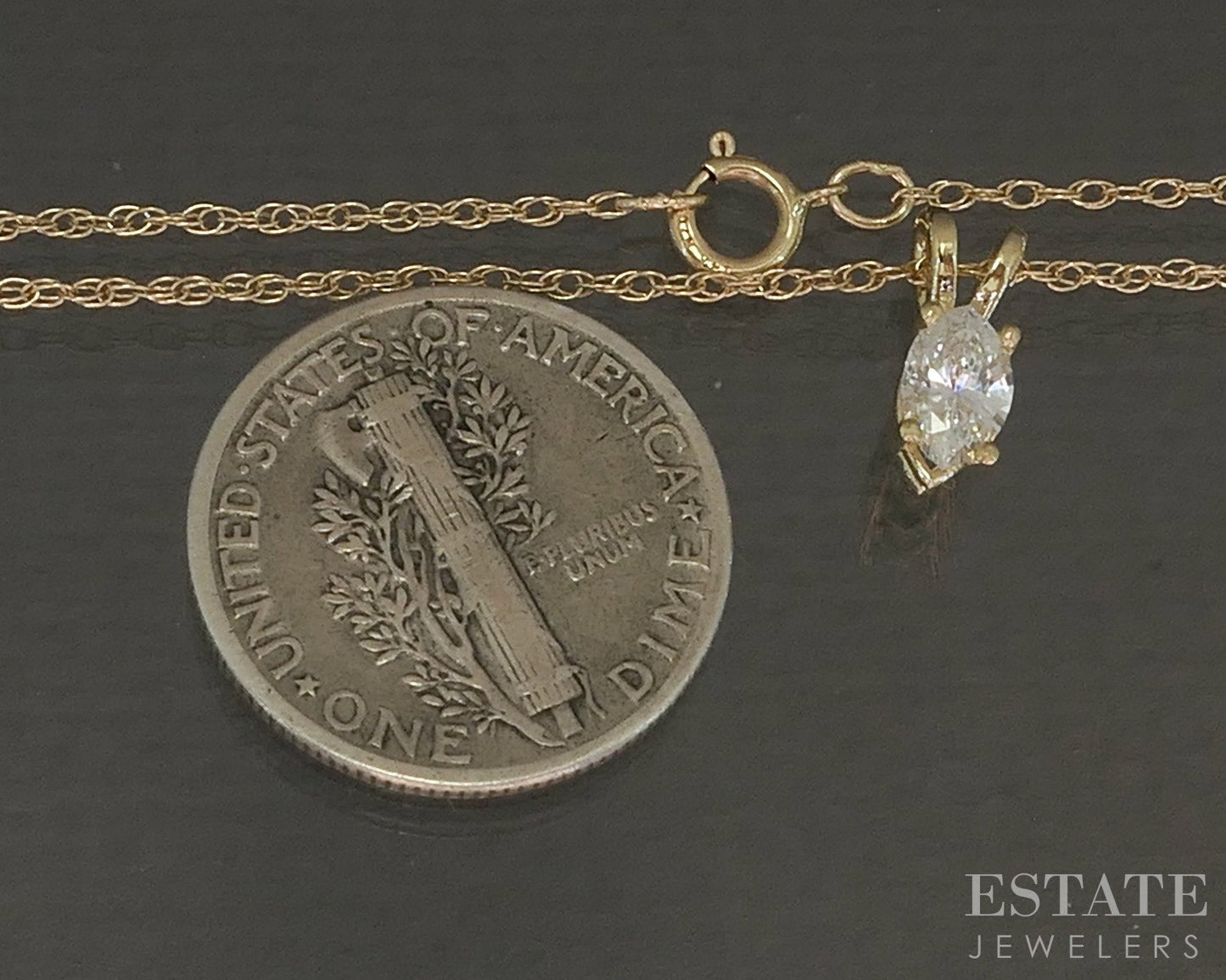 14k Yellow Gold Marquise .18ct Diamond Solitaire Necklace 1.2g 18"L p23325