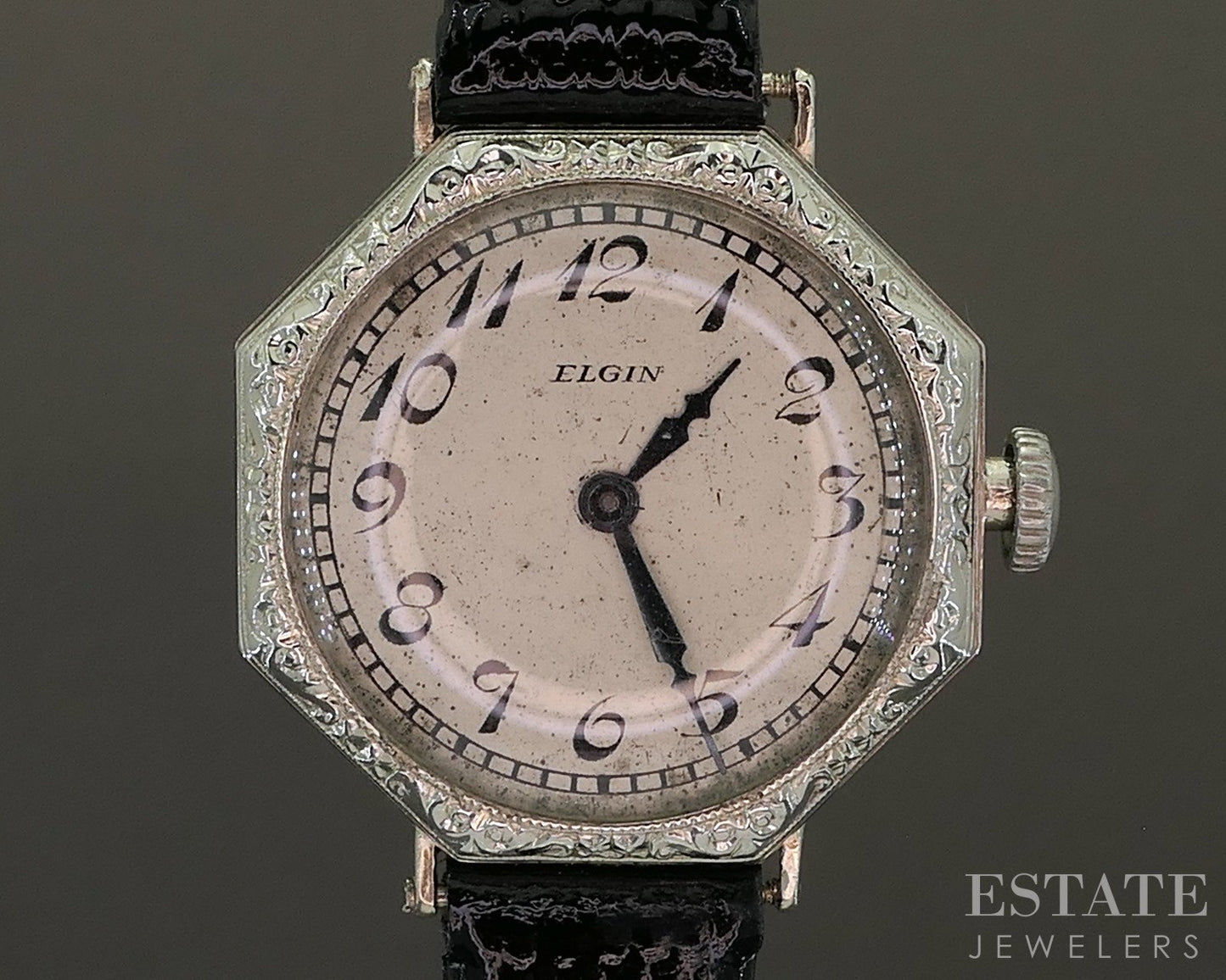 Antique Art Deco 14k White Gold Elgin Engraved Ladies Watch p21445