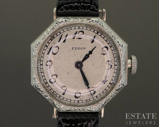 Antique Art Deco 14k White Gold Elgin Engraved Ladies Watch p21445
