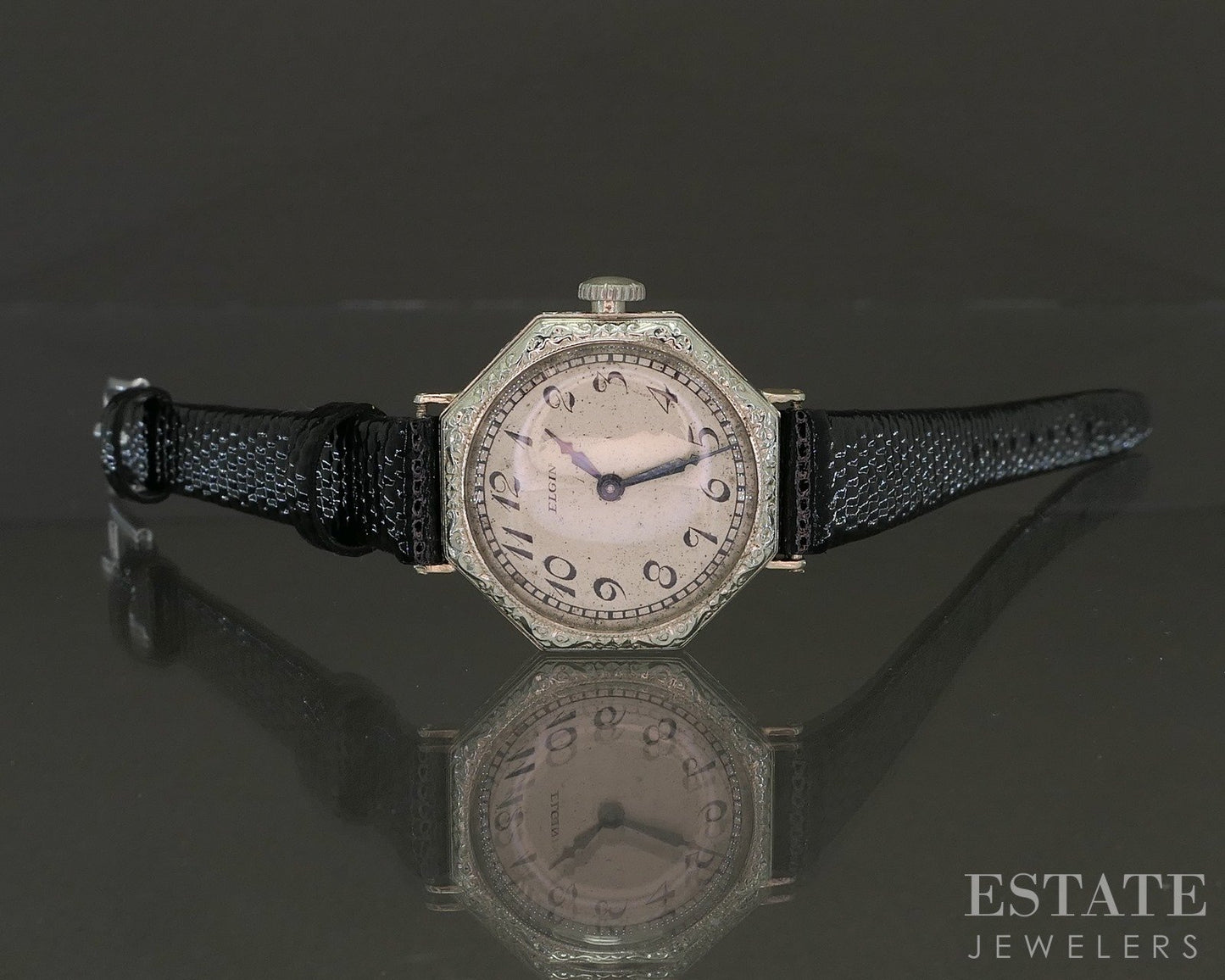 Antique Art Deco 14k White Gold Elgin Engraved Ladies Watch p21445