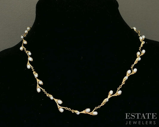 14k Yellow Gold Freshwater Pearl Vine Branch Link Necklace 15.1g 18"L p23008