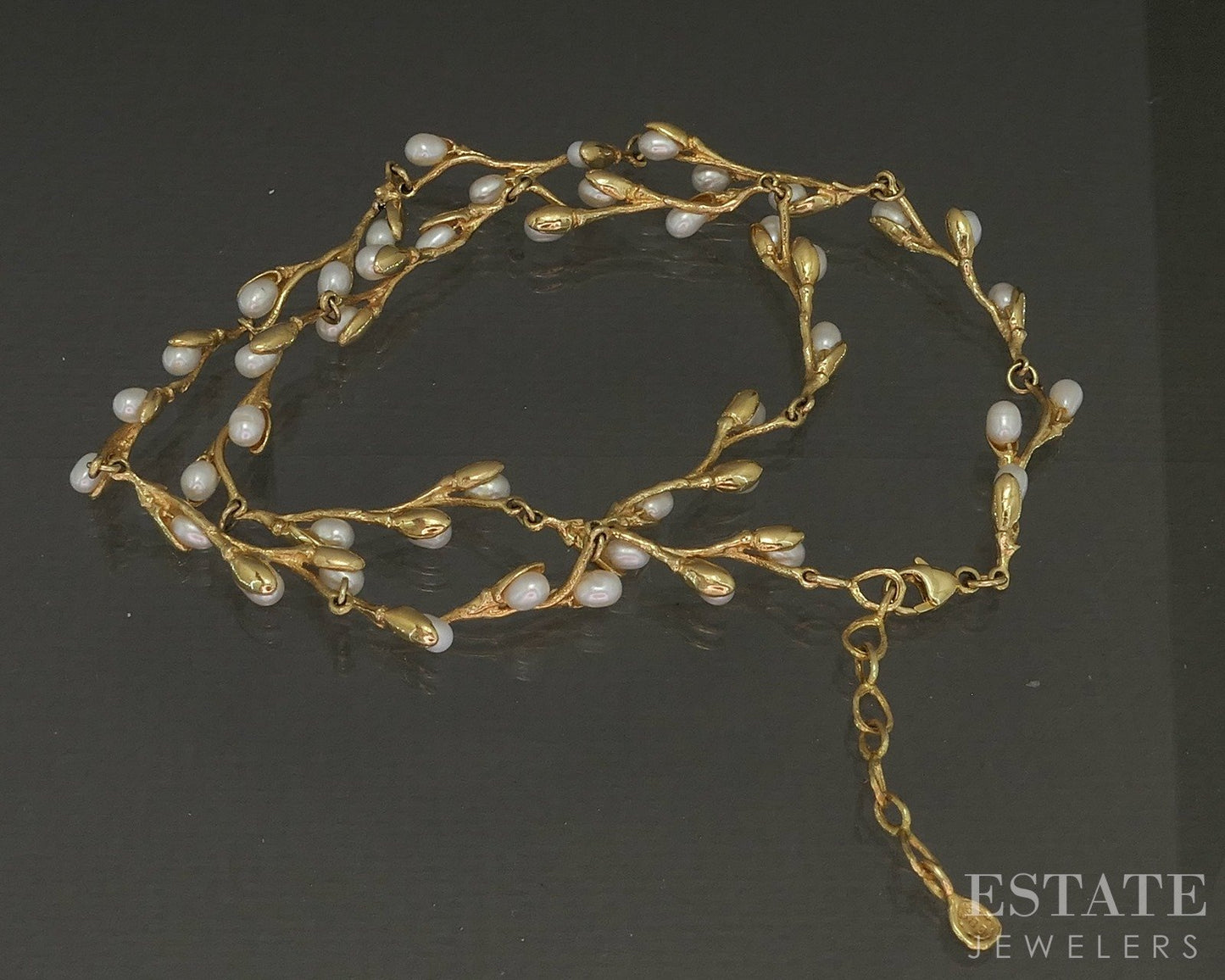 14k Yellow Gold Freshwater Pearl Vine Branch Link Necklace 15.1g 18"L p23008