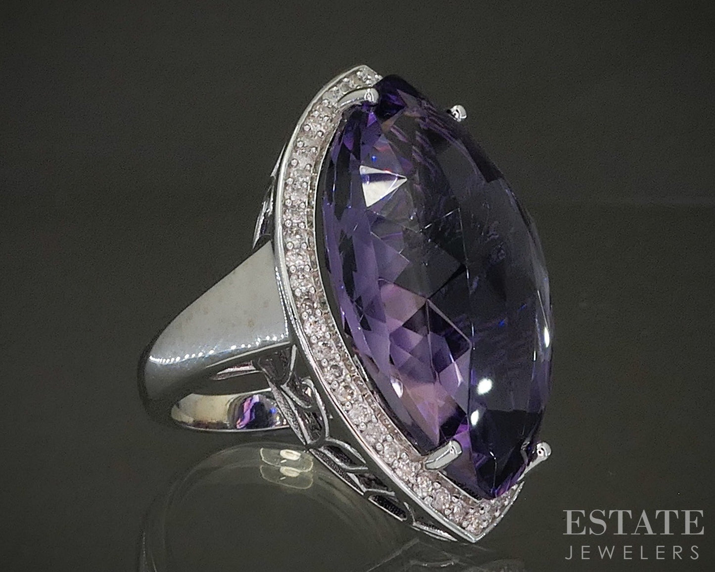 14k White Gold Fantasy Cut Natural Amethyst & Diamond Cocktail Ring 7.1g p22959