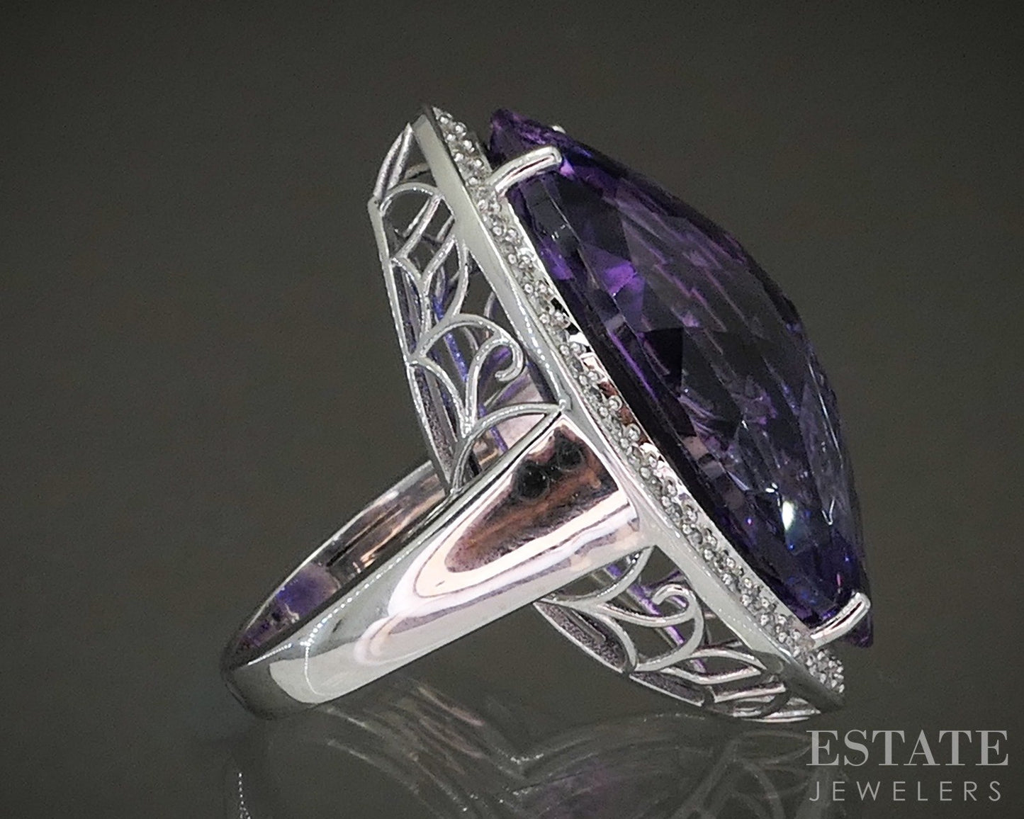 14k White Gold Fantasy Cut Natural Amethyst & Diamond Cocktail Ring 7.1g p22959