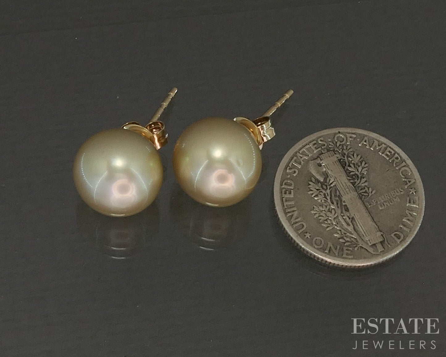 14k Yellow Gold 10mm Golden Cultured South Sea Pearl Stud Earrings p23577