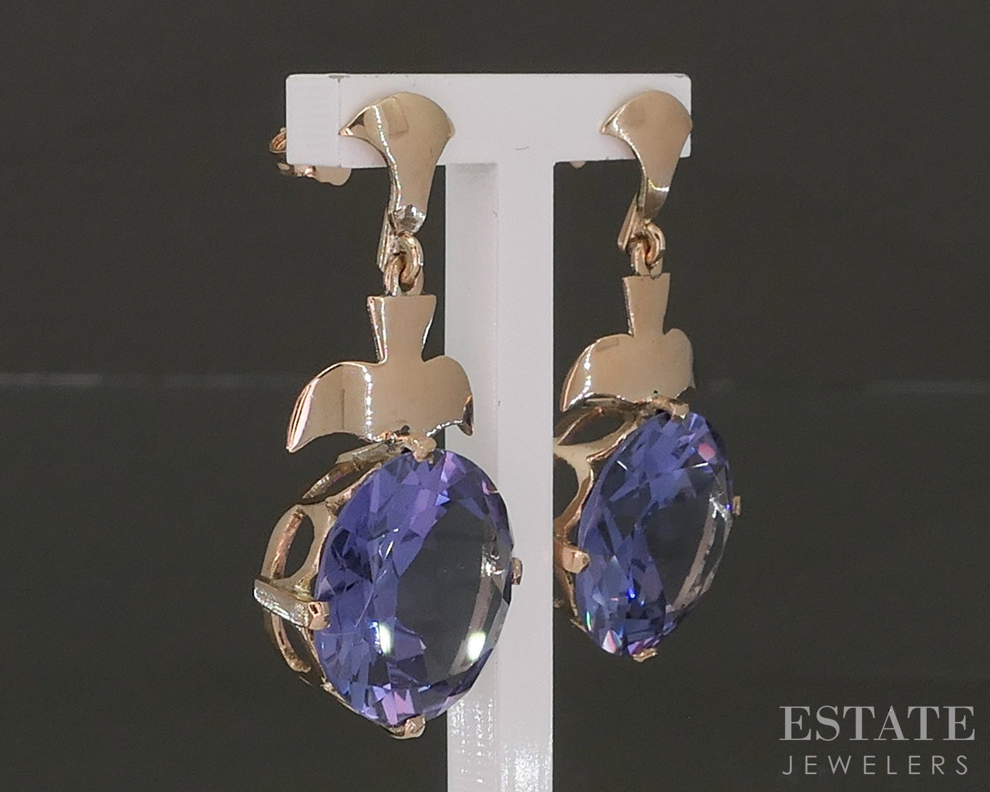 Antique 9k Rose Gold 15mm Color Changing Sapphire Dangle Earrings 8.4g p23202