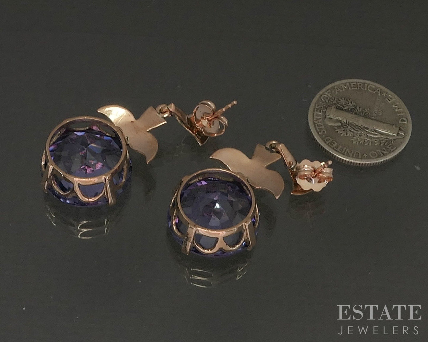 Antique 9k Rose Gold 15mm Color Changing Sapphire Dangle Earrings 8.4g p23202