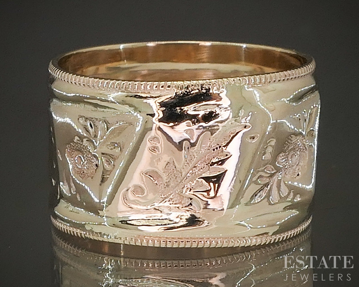 Antique Victorian 10k Yellow Gold 11mm Floral Leafy Cigar Band Ring 4.3g p22750