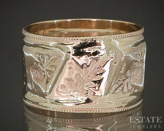 Antique Victorian 10k Yellow Gold 11mm Floral Leafy Cigar Band Ring 4.3g p22750