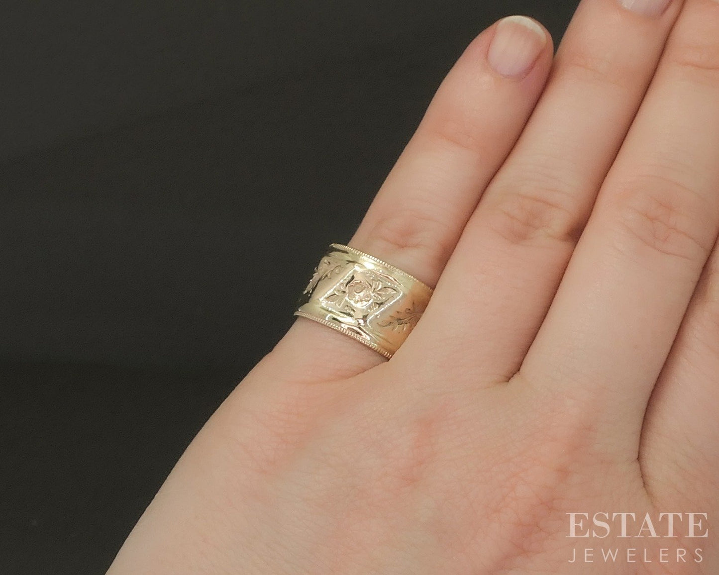 Antique Victorian 10k Yellow Gold 11mm Floral Leafy Cigar Band Ring 4.3g p22750
