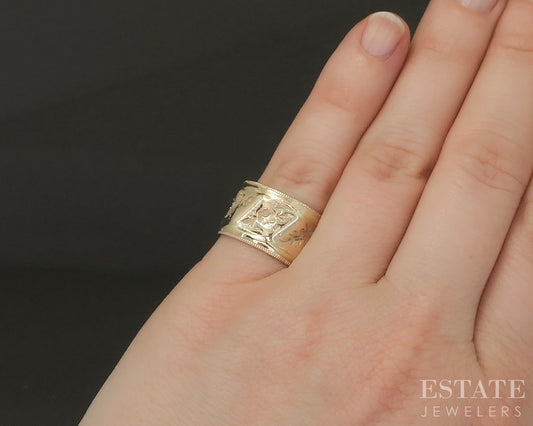 Antique Victorian 10k Yellow Gold 11mm Floral Leafy Cigar Band Ring 4.3g p22750