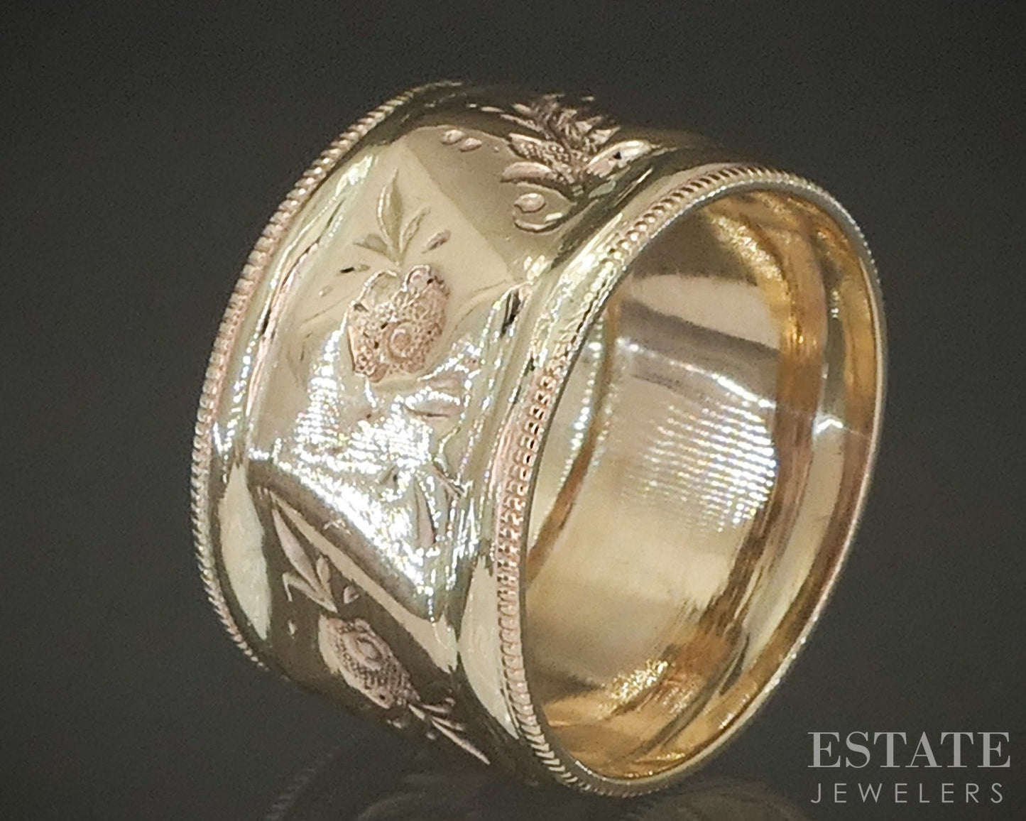 Antique Victorian 10k Yellow Gold 11mm Floral Leafy Cigar Band Ring 4.3g p22750