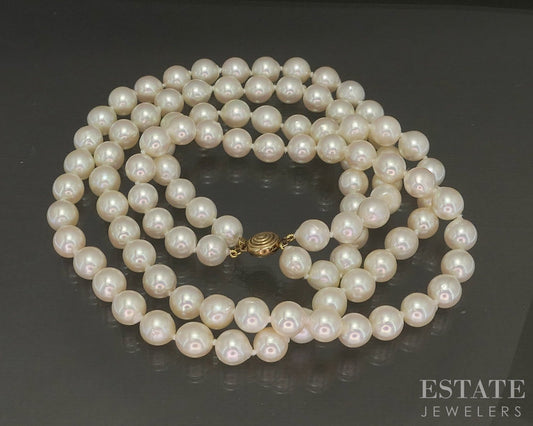 14k Yellow Gold 7.5mm Cultured Akoya Pearl Multi Strand Necklace 17"L p23253