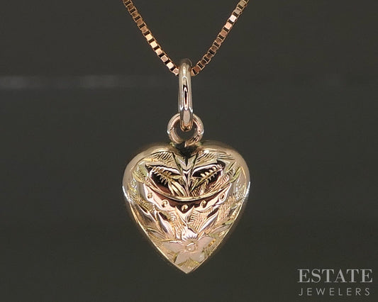 Antique Victorian 9k Yellow Gold Puffy Heart Charm Necklace 1.5g 18"L p23534