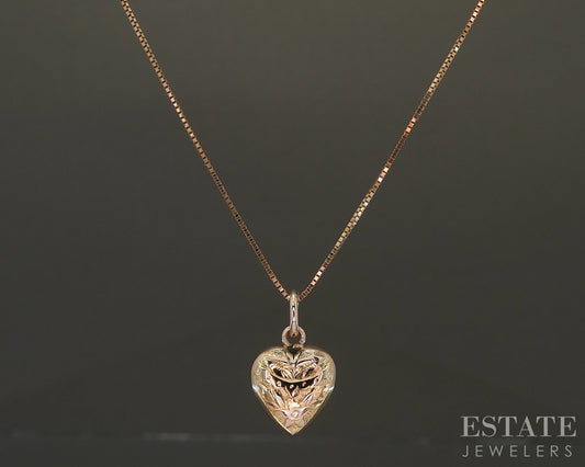 Antique Victorian 9k Yellow Gold Puffy Heart Charm Necklace 1.5g 18"L p23534
