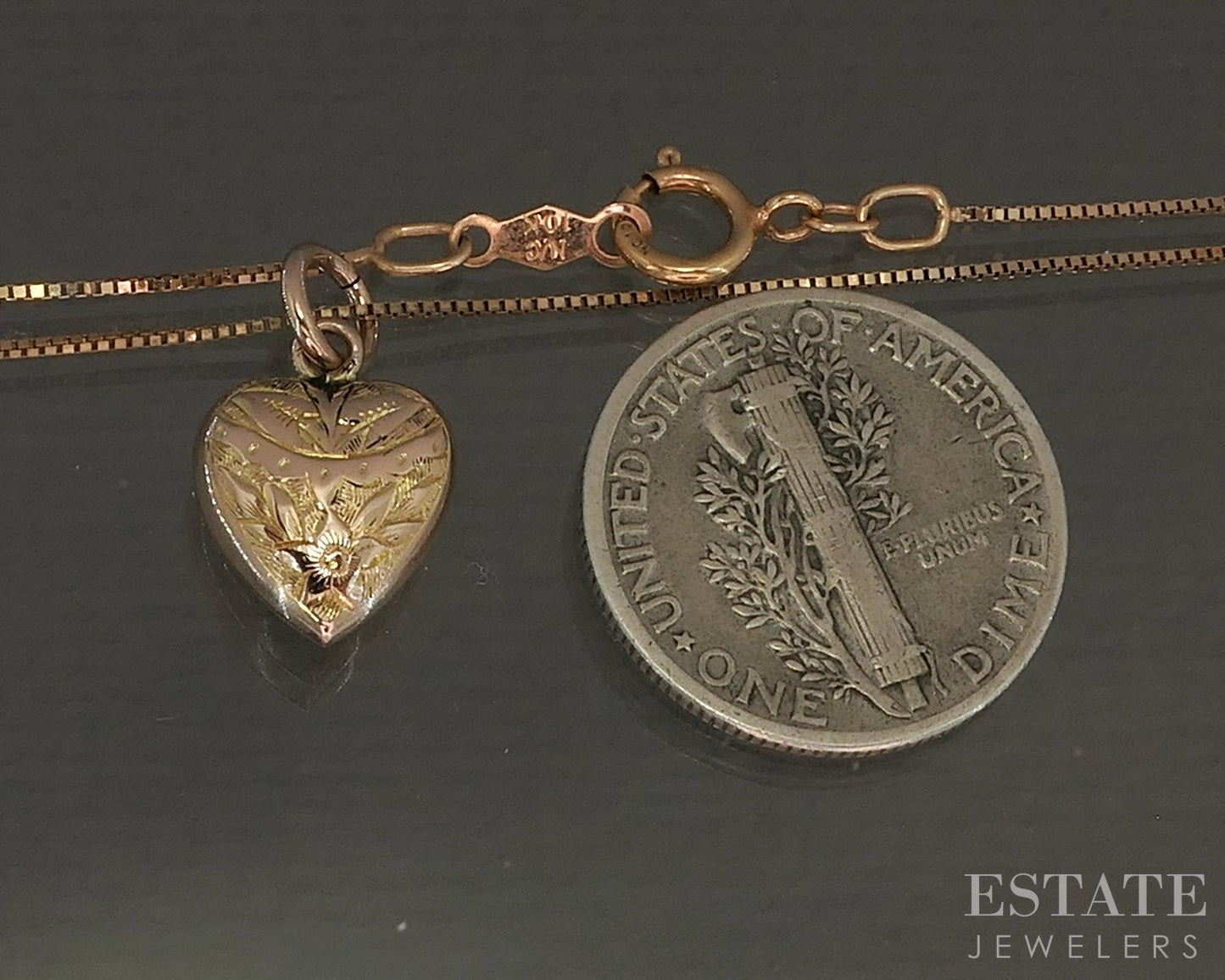 Antique Victorian 9k Yellow Gold Puffy Heart Charm Necklace 1.5g 18"L p23534