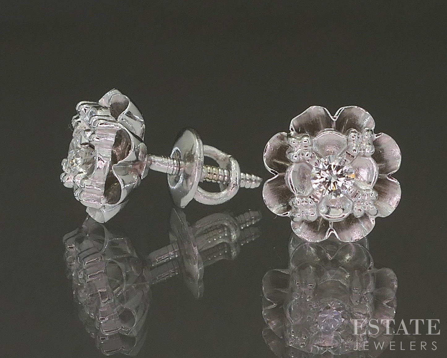 Vintage 14k White Gold Natural .16ctw Diamond Flower Screw Back Earrings p22849