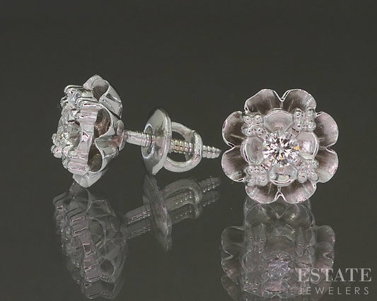 Vintage 14k White Gold Natural .16ctw Diamond Flower Screw Back Earrings p22849