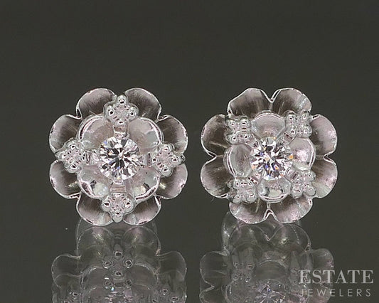 Vintage 14k White Gold Natural .16ctw Diamond Flower Screw Back Earrings p22849