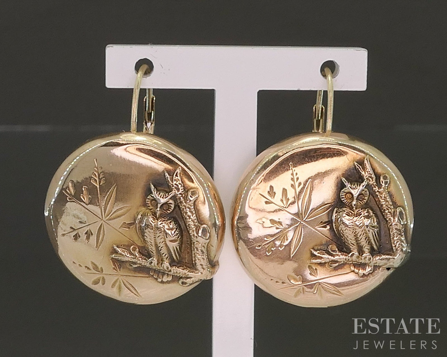 Antique Victorian 14k Yellow Gold Owl Disk Leverback Earrings 5.5g p23188