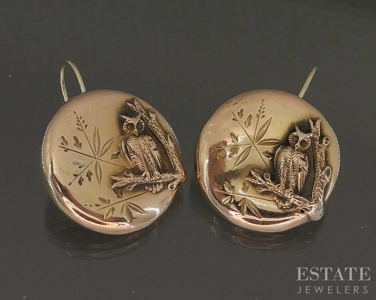 Antique Victorian 14k Yellow Gold Owl Disk Leverback Earrings 5.5g p23188