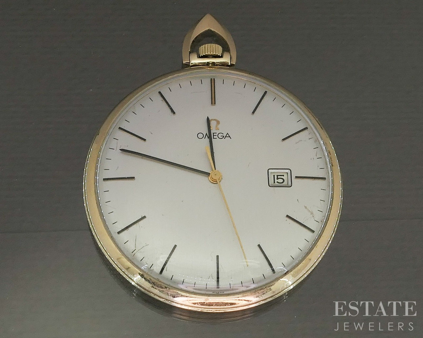 1979 Gold Filled Omega Date Cal 1030 Openface Pocket Watch Full Set p15132