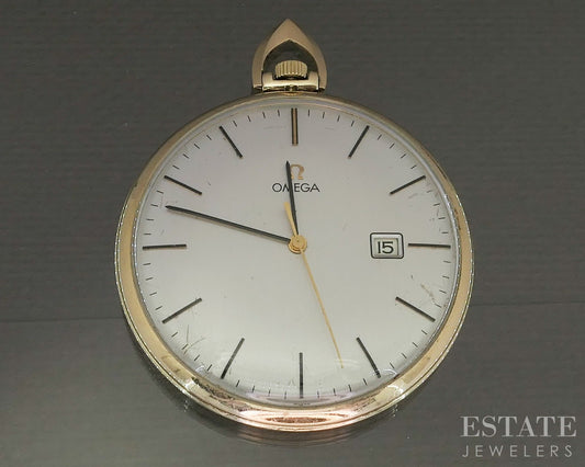 1979 Gold Filled Omega Date Cal 1030 Openface Pocket Watch Full Set p15132