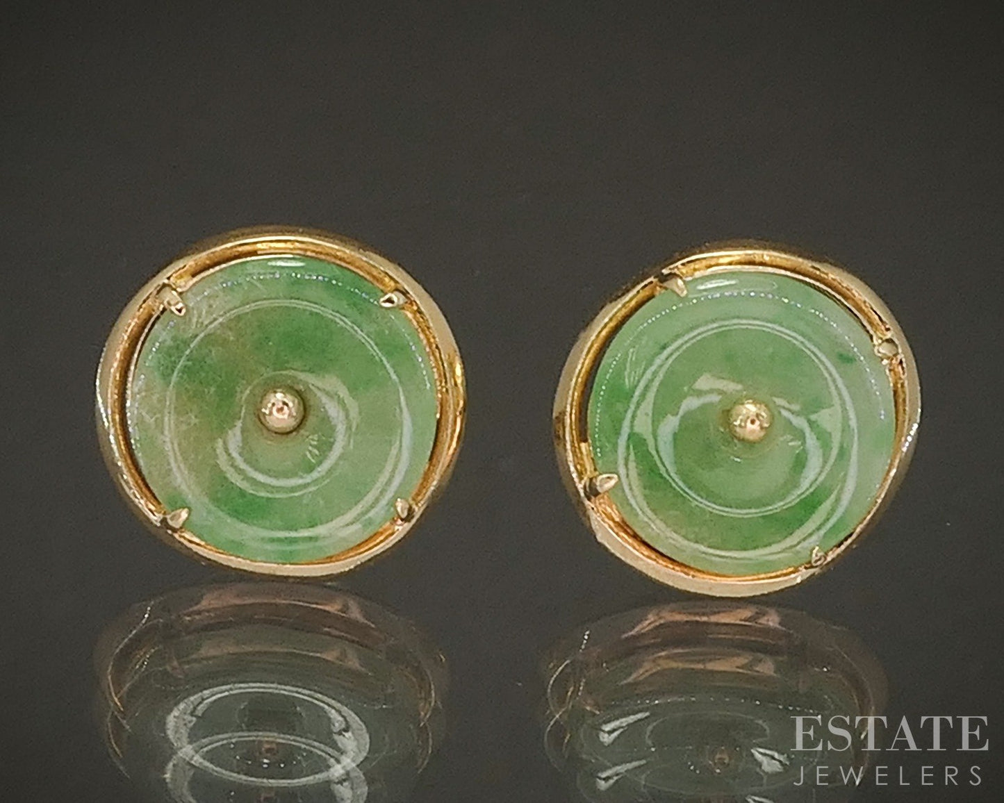 14k Yellow Gold Natural Green Jade Disk Button Stud Earrings 2.3g p22361b