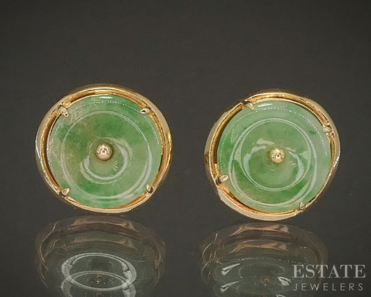 14k Yellow Gold Natural Green Jade Disk Button Stud Earrings 2.3g p22361b