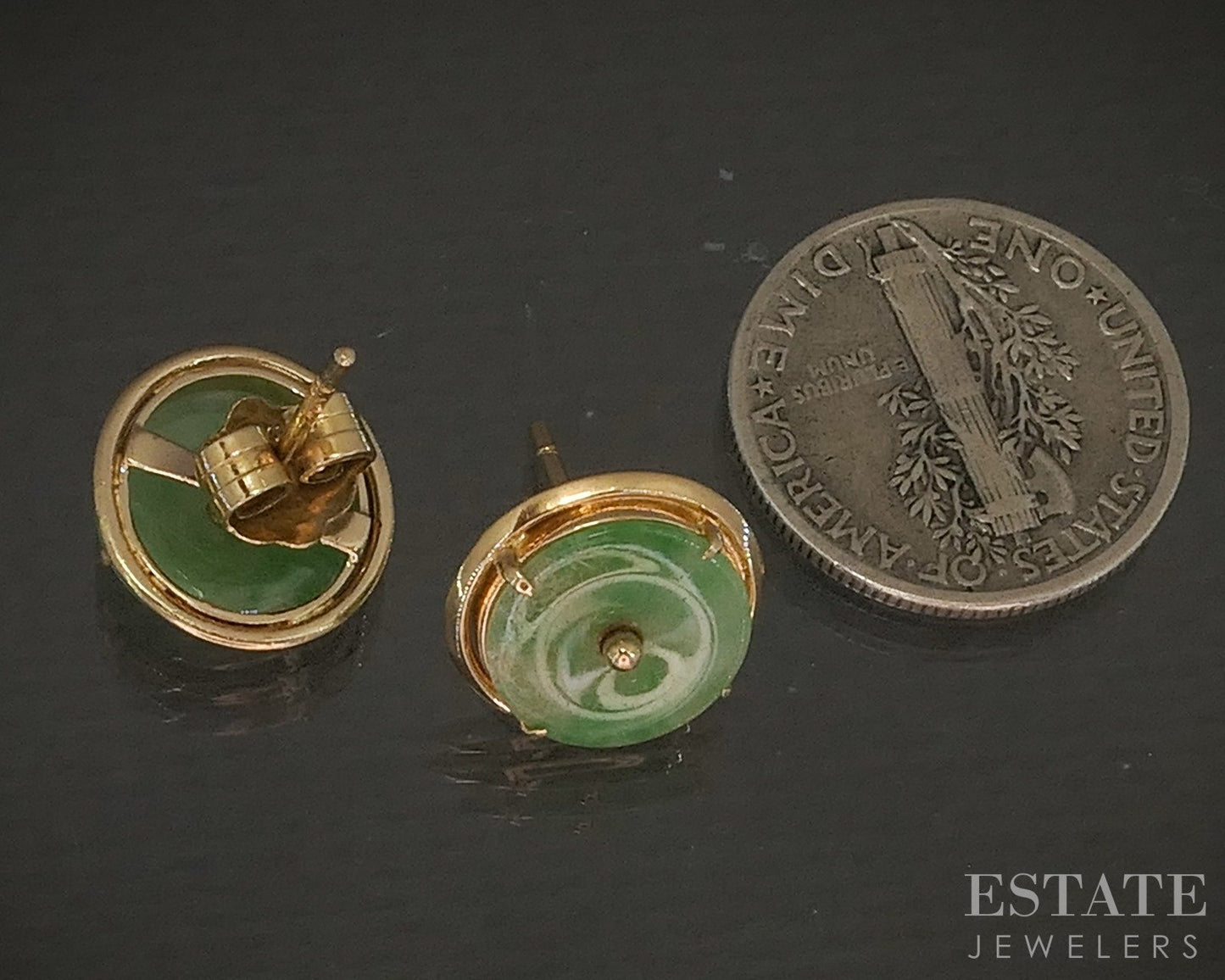 14k Yellow Gold Natural Green Jade Disk Button Stud Earrings 2.3g p22361b