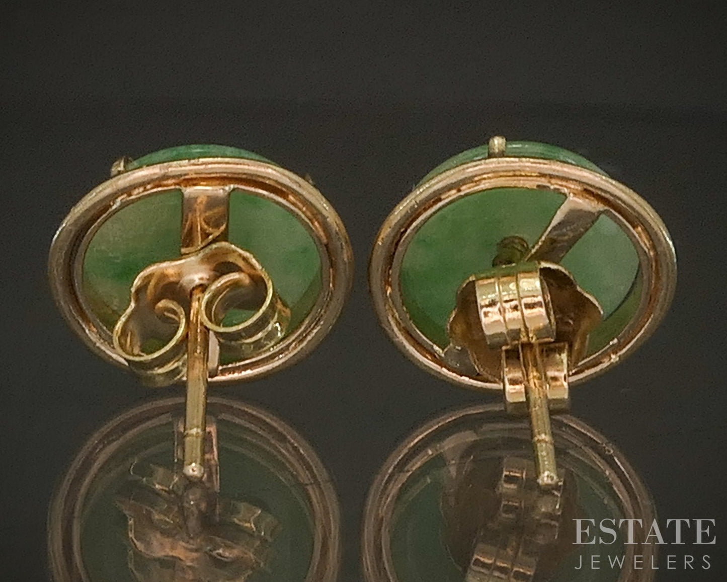 14k Yellow Gold Natural Green Jade Disk Button Stud Earrings 2.3g p22361b