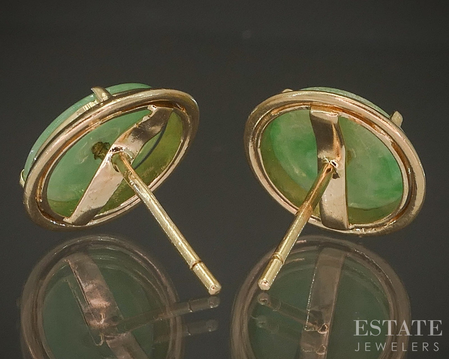 14k Yellow Gold Natural Green Jade Disk Button Stud Earrings 2.3g p22361b