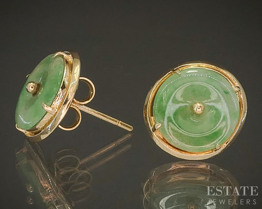 14k Yellow Gold Natural Green Jade Disk Button Stud Earrings 2.3g p22361b