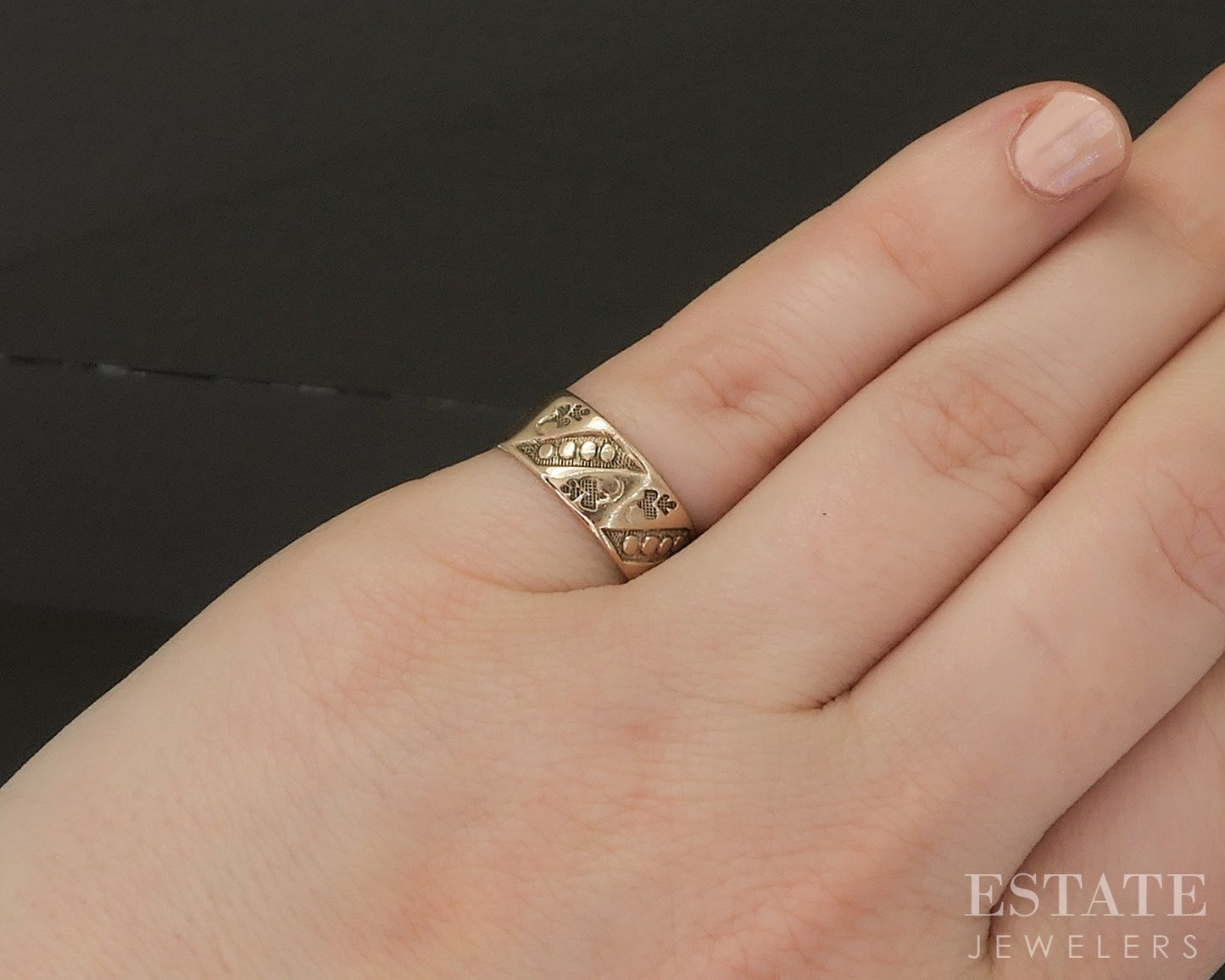 Antique Victorian 10k Rose Gold 6.5mm Leafy Cigar Band Ring 2.1g p22491