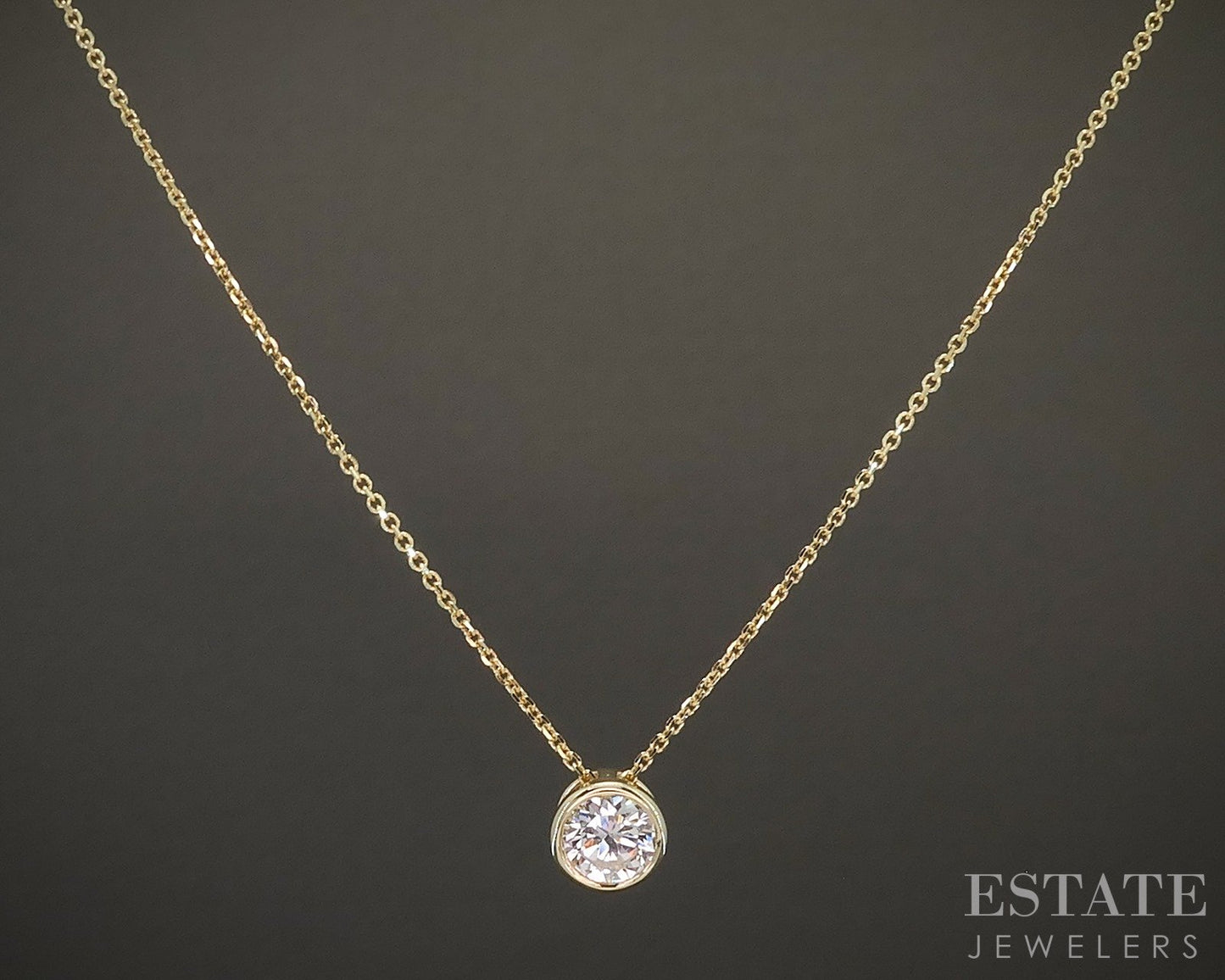 14k Yellow Gold Round Natural .80ct Diamond Bezel Solitaire Necklace 18"L p21996