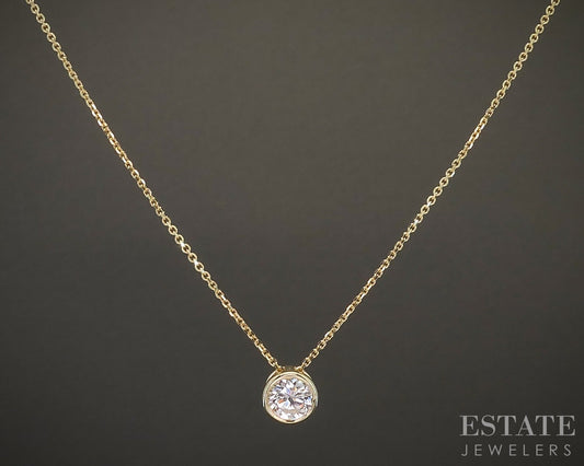 14k Yellow Gold Round Natural .80ct Diamond Bezel Solitaire Necklace 18"L p21996